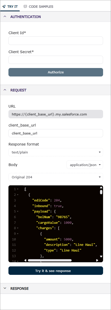 Authentication request form with fields for Client ID and Secret, and response details.